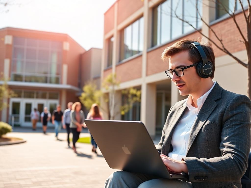 A school building with students walking outside while an administrator reviews a laptop
