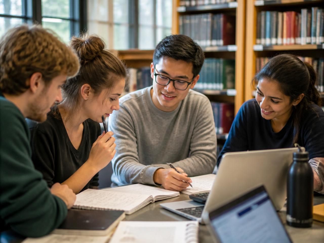A group of students working through mathematics together in a library