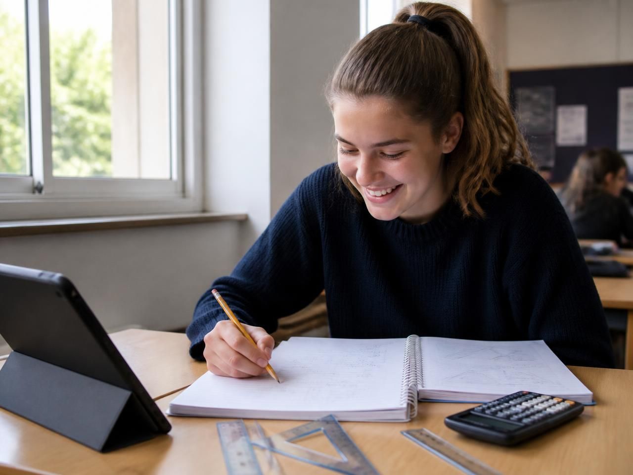A student smiling while working through maths problems in a notebook beside a tablet and geometry set