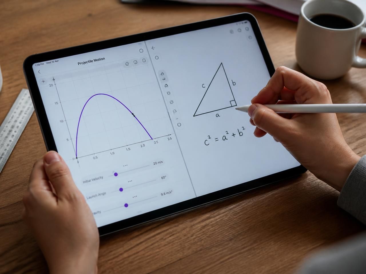 Hands sketching a right-angled triangle and adjusting a graph on a tablet