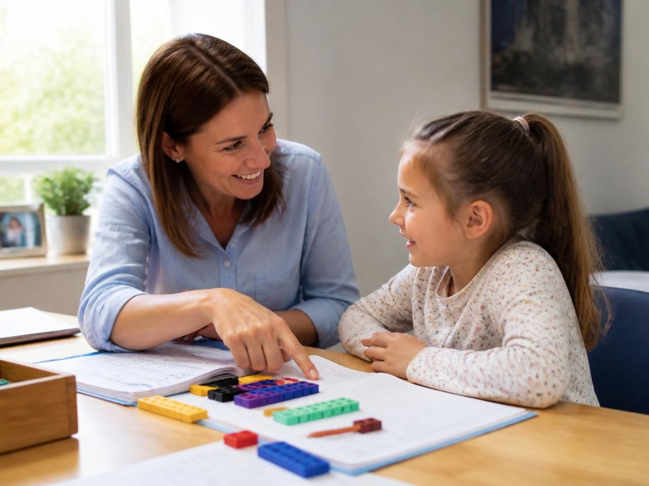 A tutor guiding a young learner through counting blocks and a maths workbook at a sunlit table