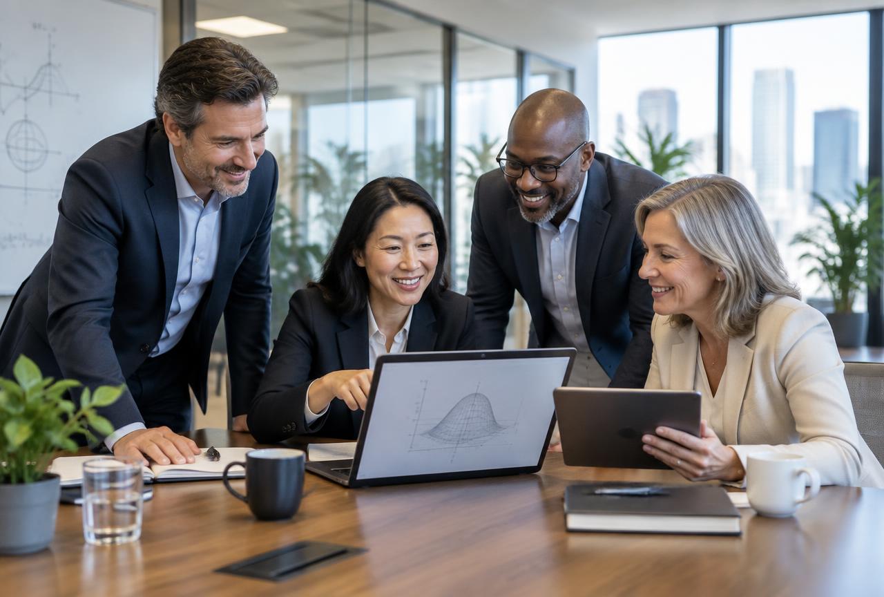 Mid-career professionals enjoying advanced mathematics together on a laptop and tablet in an office