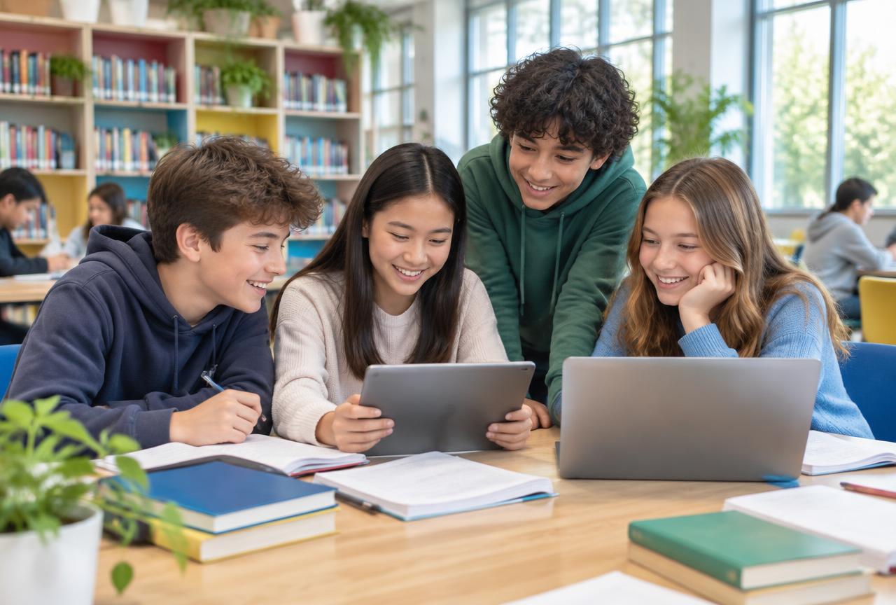 Middle school students happily learning mathematics together on a tablet and laptop