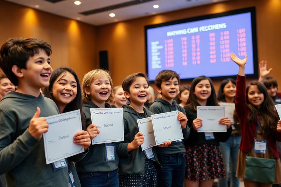 Students celebrating at a maths competition with a leaderboard screen