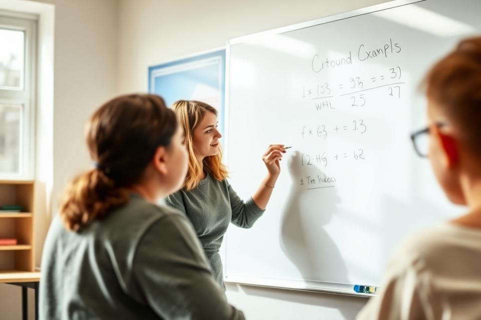 A teacher writing a worked maths example on a whiteboard for students