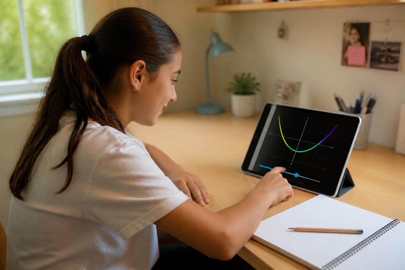 A learner dragging a slider on a tablet showing a live graph curve