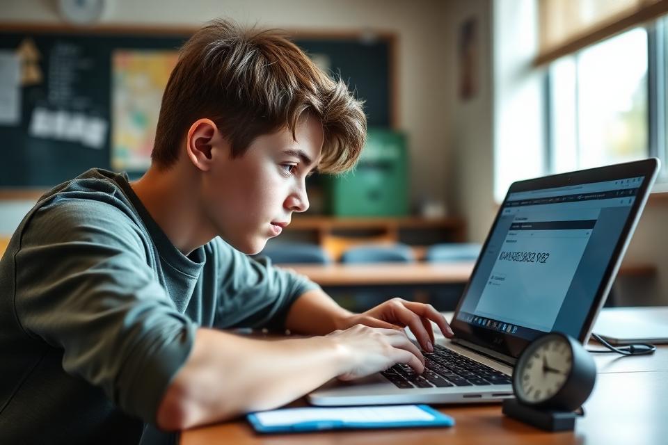 A student answering a timed maths quiz on a laptop beside a clock