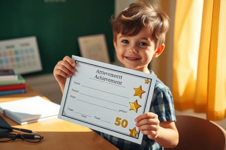 A child proudly holding a printed achievement certificate with gold stars